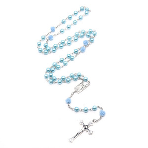 2021 nuova medaglia croce crocifisso tono argento rosari azzurro perla fiore perline <span class=keywords><strong>rosario</strong></span> collana cattolica - Product Image 5