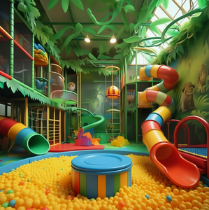 Aire de jeux intérieure personnalisée sur le thème de la <span class=keywords><strong>jungle</strong></span>, <span class=keywords><strong>piscine</strong></span> <span class=keywords><strong>à</strong></span> <span class=keywords><strong>balles</strong></span> verte et jaune avec toboggan, équipement de parc d'attractions intérieur - Product Image 1