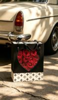 Boîte cadeau en satin pour la Saint-Valentin avec ceinture en cuir en forme de cœur pour contenir des fleurs. Coffret cadeau de vin aux fleurs éternelles.