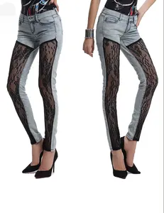 Royal wolf women jeans factory bleach denim black net lace ladies sexy women lace pants denim lace jeans