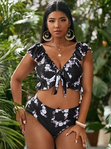 Costume da bagno <span class=keywords><strong>bikini</strong></span> taglie forti 2026 da donna con stampa floreale, pannello in rete nero e vita alta, con dettagli floreali - Product Image 2