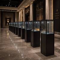 Vitrine haute en verre noir moderne avec éclairage LED pour exposition de bijoux, idéale pour musée, boutique, galerie