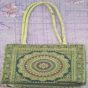 Women's Beautiful Indian Art Silk Golden Brocade Tote <b>Bag</b> <b>Peacock</b> Design Casual Style Zipper Closure Tassel Handmade Silk Lining - Product Image 5