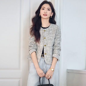 Women's Tweed Blazer Short Jacket With Buttons Spring Autumn Style Casual Elegant Petite Fit Worsted Fabric GDX1686 - Product Image 2