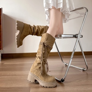 Not over the knee winter new <b>style</b> round <b>head</b> chunky heel high-heeled boots anti slippery tassel high tube boots knee-high boots - Product Image 6