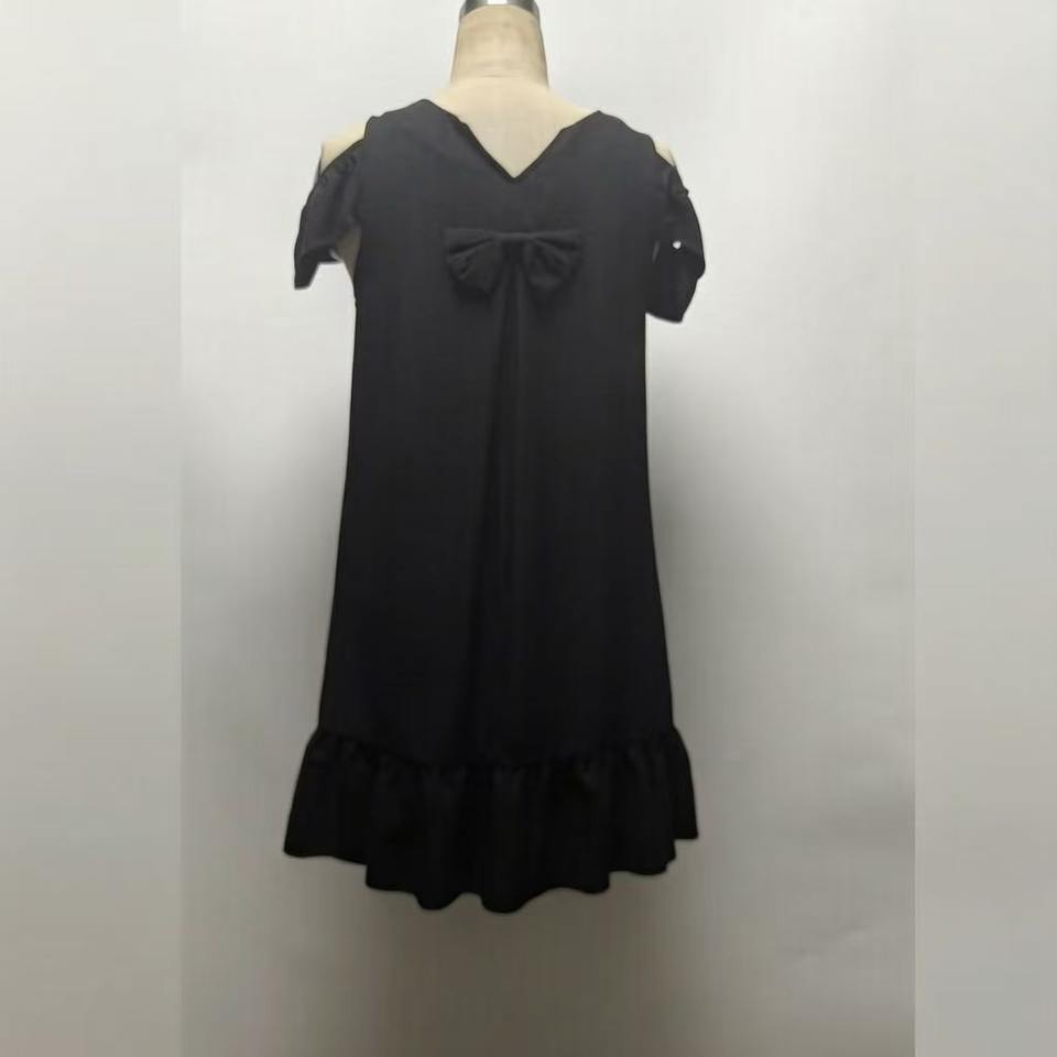Black Cold Shoulder Dress Women Summer Ruffle Hem Short Sleeve Round ...