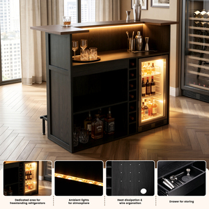 Freestanding Commercial <b>Bar</b> Unit with Storage <b>Shelves</b> & Footrest Panel Wood <b>Bar</b> Cabinet Wine Rack Beverage Fridge - Product Image 4