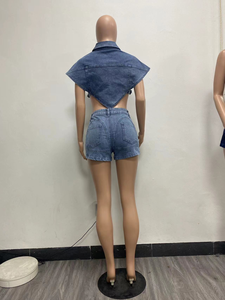 طقم جينز قصير للنساء من قطعتين، ملابس شارع عصرية زرقاء، طقم جينز من قطعتين للسيدات، بلوزة دنيم وشورت للنساء - Product Image 4