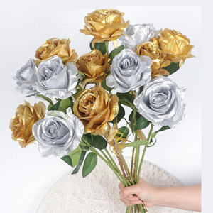 Arrangement de fleurs de <span class=keywords><strong>roses</strong></span> dorées et argentées faites à la main pour Pâques Simulation transfrontalière Décoration de fête de Thanksgiving <span class=keywords><strong>Roses</strong></span> uniques - Product Image 1