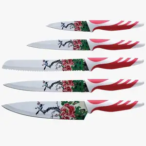 الأفضل مبيعًا 5 قطع سكاكين للمطبخ بطباعة ألوان طاهٍ سوداء غير لاصقة طقم سكاكين 5 قطع من الفولاذ المقاوم للصدأ مع حامل للكركند