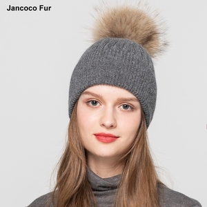 Chapeaux en angora pour femmes avec <span class=keywords><strong>pompon</strong></span> en fourrure de raton laveur naturelle, <span class=keywords><strong>bonnet</strong></span> tricoté tendance, chapeau d'hiver chaud S7628 - Product Image 4