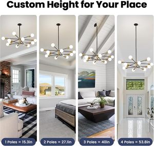 Modern Iron <strong>Sputnik</strong> Chandelier Ceiling <strong>Light</strong> <strong>Fixture</strong> 33.4" 12-<strong>Light</strong> Gold Black Height Adjustable Pendant Energy Saving 5-Year - Product Image 3