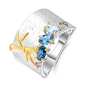 C7923持久竹天然蓝色黄玉宝石戒指镀金时尚饰品手指925纯银戒指女