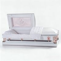 Cercueil métallique semi-couché blanc brillant - Broderie de roses roses et intérieur rose clair (pour adulte, vente en gros)