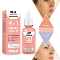 OEM/ODM Essence liquide anti-âge blanchissante 4-en-1, contient 30% de vitamine C, 5% de nicotinamide et 10% de vitamine E pour les soins du visage