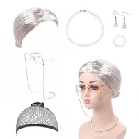 Costume de Vieille Dame, Perruque de Grand-Mère, Bonnet de Perruque, Lunettes de Grand-Mère Madea, Chaînes de Lunettes, Cordons, Collier de Perles Fauxes, Ensemble de Cosplay