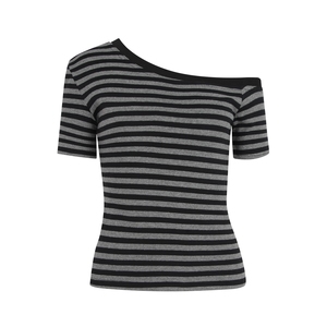 Maglietta a righe bianche e nere manica corta <span class=keywords><strong>monospalla</strong></span> 4 colori estate maglietta a righe Slim Fit da donna - Product Image 3