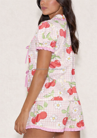 Ensemble de pyjama mignon à imprimé floral cerise pour femme, manches courtes, col à volants, short avec nœud papillon, vêtements de nuit d'été, vêtements de détente