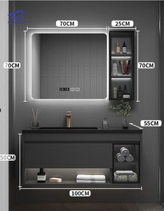 Mueble de baño inteligente negro con espejo inteligente semitransparente, lavabo blanco y gabinete colgante. - Product Image 3