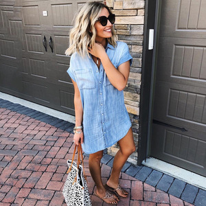 Robe Chemise Jean Femme - Mini Robe Denim Manches Courtes Boutonnée