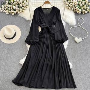 Nuevos Vestidos Elegantes Plisados Retro con Mangas Largas Tipo Linterna, Cintura Alta, Corte en A, Estilo Celebridad, Ropa Versátil para Mujer - Product Image 4