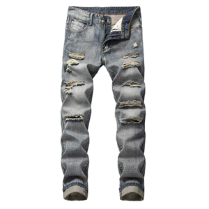 Pantaloni Jeans da <span class=keywords><strong>Uomo</strong></span> di Design alla <span class=keywords><strong>Moda</strong></span> Stile High <span class=keywords><strong>Street</strong></span> con Logo Personalizzato, Strappati, con Lavaggio, Effetto Usurato, Stampa Leggera, Stile Streetwear all'Ingrosso - Product Image 2