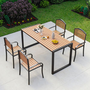 Juego de comedor de lujo para todo tipo de clima, mesas de <span class=keywords><strong>Picnic</strong></span>, muebles de exterior, sillas y mesa de café de acero y metal de madera WPC para fiestas públicas - Product Image 1