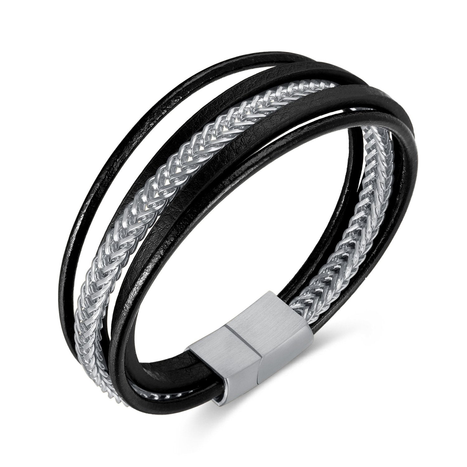 TRENDY Men's Leather Bracelet - Stainless Steel Bangle