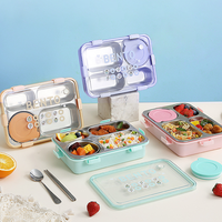 Boîte à lunch à 4 compartiments avec bol à soupe, double couche, doublure en acier inoxydable 304, boîte bento chauffable, boîte à lunch pour enfants, école