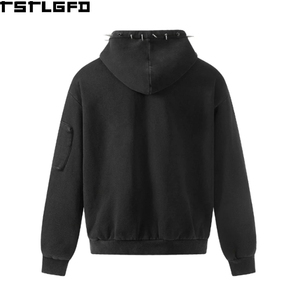 Sudadera con capucha pesada de corte y confección, con cremallera, con remaches metálicos, lavado ácido y efecto desgastado, estilo streetwear, corte holgado, al por mayor - Product Image 2