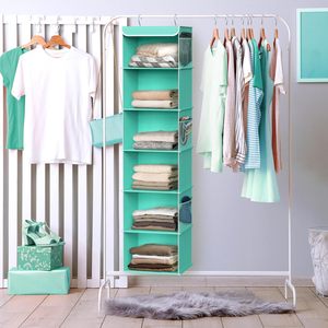 6 Shelf Hanging Closet Organizer Turquoise Fabric <b>Storage</b> For Behind Doors Or Walls Neatening Clothes - Product Image 5