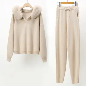 Vendita calda donna collo di pelliccia di volpe maglione con cappuccio maglione pantaloni tuta Set tuta