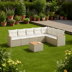 Conjunto de Sofá de Jardín de Ratán Beige con Cojines de Espuma de Alta Densidad, Muebles de Exterior de Diseño Contemporáneo, Resistentes al Agua y a los Rayos UV - Product Image 2
