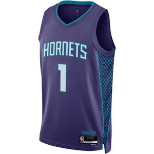 Maillot de basket-ball violet pour jeunes des Charlotte Hornets, édition Statement, modèle Swingman, Ball 1, col en V, anti-humidité - Product Image 2