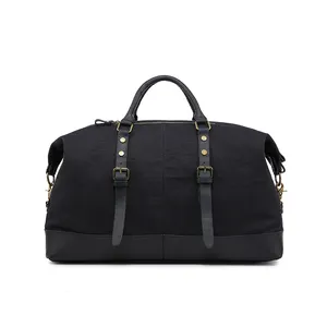 Retro Vintage yıkanmış deri tuval Duffel silindir çanta Holdall siyah haftasonu spor seyahat çantası