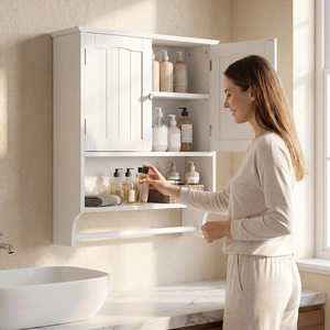 Armoire murale <span class=keywords><strong>de</strong></span> salle <span class=keywords><strong>de</strong></span> bain <span class=keywords><strong>blanche</strong></span>, rangement au-dessus des toilettes, armoire à pharmacie en bois, 2 portes, étagère ouverte, <span class=keywords><strong>porte</strong></span>-serviettes, montage mural, OEM personnalisé - Product Image 3