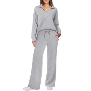 En stock – Ensemble pantalon et haut en polyester respirant à col en V de couleur unie pour femme, avec cordon de serrage, manches longues, style décontracté streetwear pour l'automne et l'hiver - Product Image 1