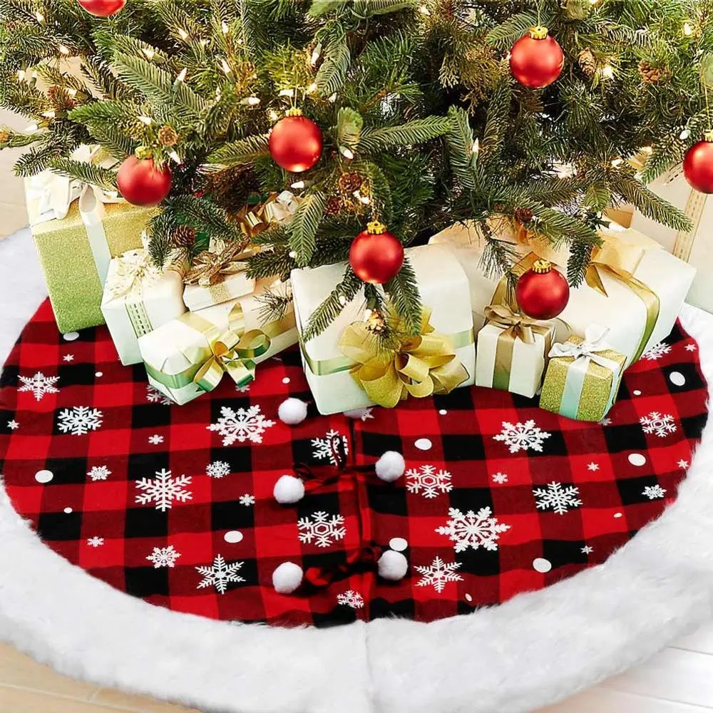 Украшения для рождественской елки OurWarm, 48 дюймов, клетчатая юбка в виде снежинки, буйвола с белым плюшевым меховым краем