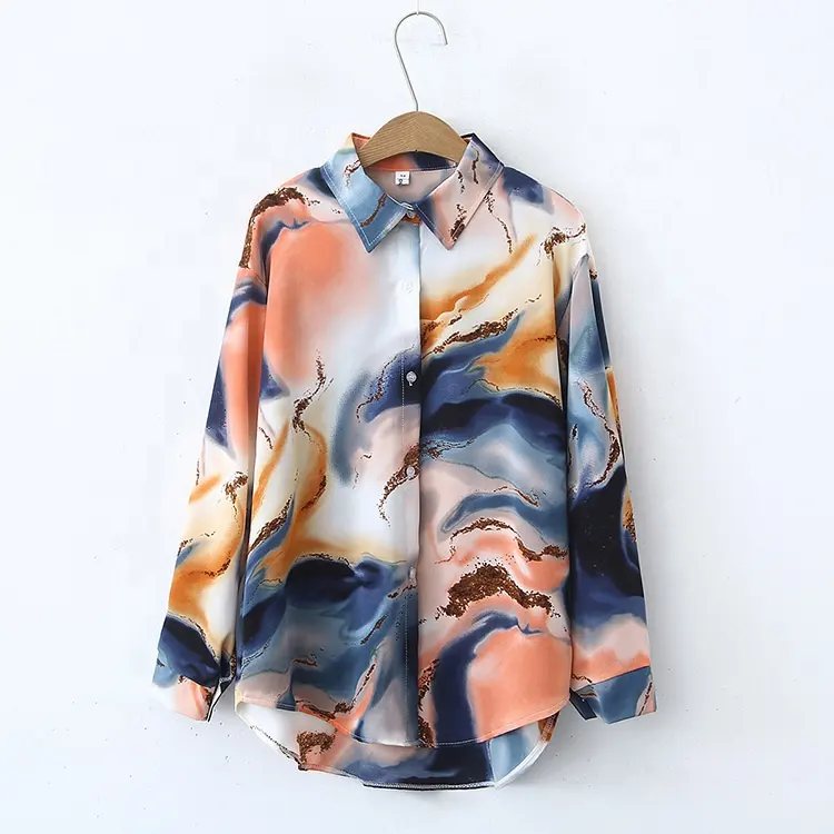 Spring Fall New Vintage Tie-dye Design Sense Of High-end Foreign French Satin Blouse Woman