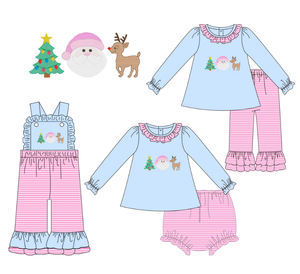 Conjunto navideño para niñas, Top azul de manga larga, pantalones con volantes y rayas rosas, ropa para hermanos - Product Image 2