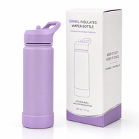 Bouteille d'eau isotherme écologique 500 ml avec base en silicone, paille rabattable, anti-fuite, double paroi sous vide en acier inoxydable, avec poignée