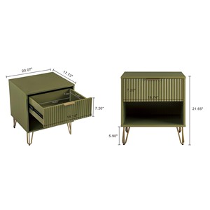 Olive Green Nightstand with Ribbed <b>Drawer</b> and Open Shelf Metal Legs - Product Image 3