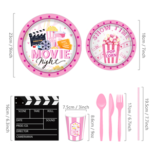 Huancai film soirée fête fournitures rose assiettes en papier tasses serviettes vaisselle jetable ensemble pour <span class=keywords><strong>anniversaire</strong></span> cinéma fête décorations - Product Image 4