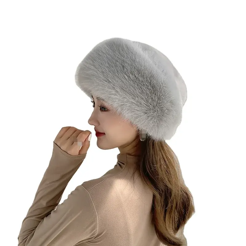 Alta qualidade moda senhora quente ao ar livre boina cap europeu britânico elegante inverno mulheres coelho faux fur boina chapéu