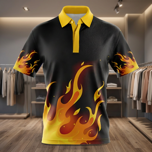Custom Men's <b>Flame</b> Print Polo <b>Shirt</b> Short Sleeve Knitted Polyester Casual Sports Teamwear Staff Uniform - Product Image 3
