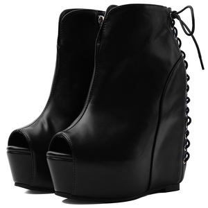 Botas Curtas de Verão com Bico Aberto e Amarração Traseira, Zíper Lateral, Plataforma, Botinhas de Tornozelo Femininas, Sandálias de Salto Alto Anabela - Product Image 6
