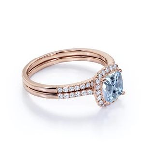 925 Sterling Silver Aquamarine Diamond Halo Engagement <b>Wedding</b> <b>Ring</b> Classic <b>Cushion</b> Cut Prong Setting Fine Silver <b>Ring</b> - Product Image 6