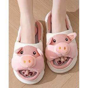 Femmes mignon cochon été vache en peluche gros pantoufles imprimé animal peluche moelleux pantoufles doux maison chaussures ouvert orteil pantoufles