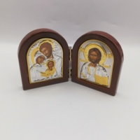 Icône orthodoxe en MDF en forme de portail, diptyque, Vierge Marie Jésus, en alliage d'aluminium doré, ornement religieux de bureau, cadeau décoratif