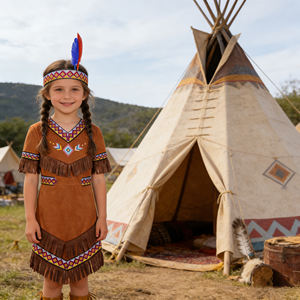 Costume d'Halloween pour enfants, style autochtone amérindien, inspiré de films et de séries télévisées, avec robe à manches courtes et col rond, ceinture et bandeau à pompons - Product Image 3
